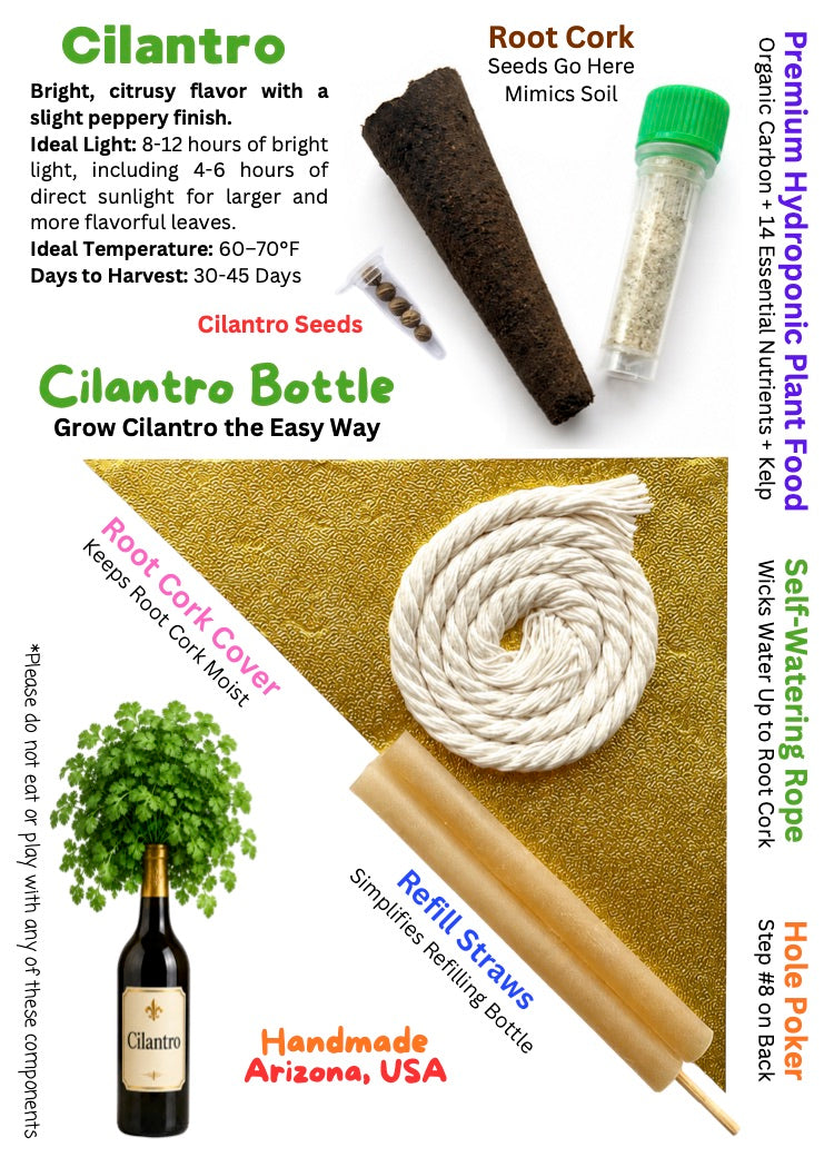 Cilantro plant growing kit components displayed on a gold glitter background, including a bottle of Cilantro seeds, a root cork plug, a self-watering rope, a refill straw, and a root cork cover, with text describing the bright citrus flavor and growing instructions.