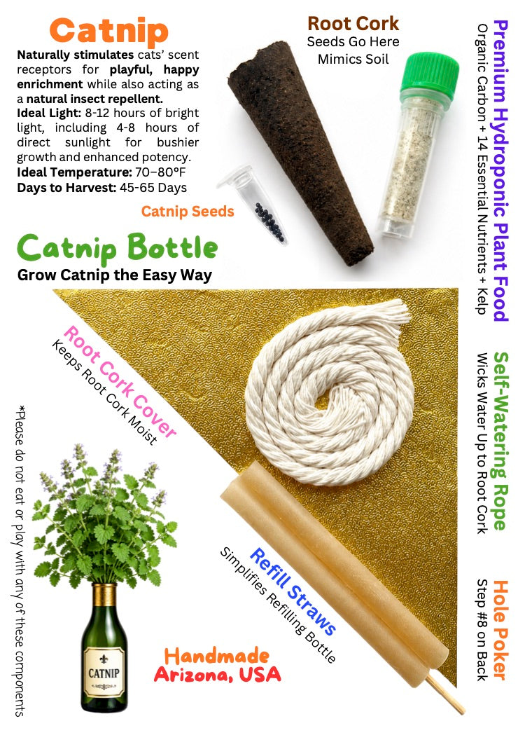 A product collage for Catnip Seeds and Catnip Bottle growing kits, showing a small bottle of Catnip seeds, a root cork vial, a coiled white string, a wooden refilling tool, and a small green plant sprig on a white background with product text panels.