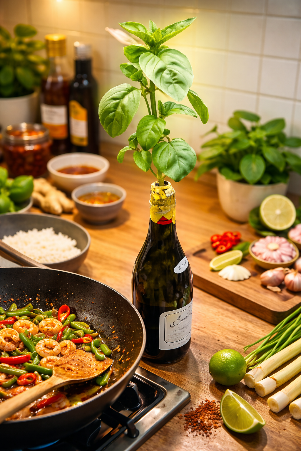 Bottle of wine with basil on top on a kitchen counter with cooking ingredients and a pan of food.